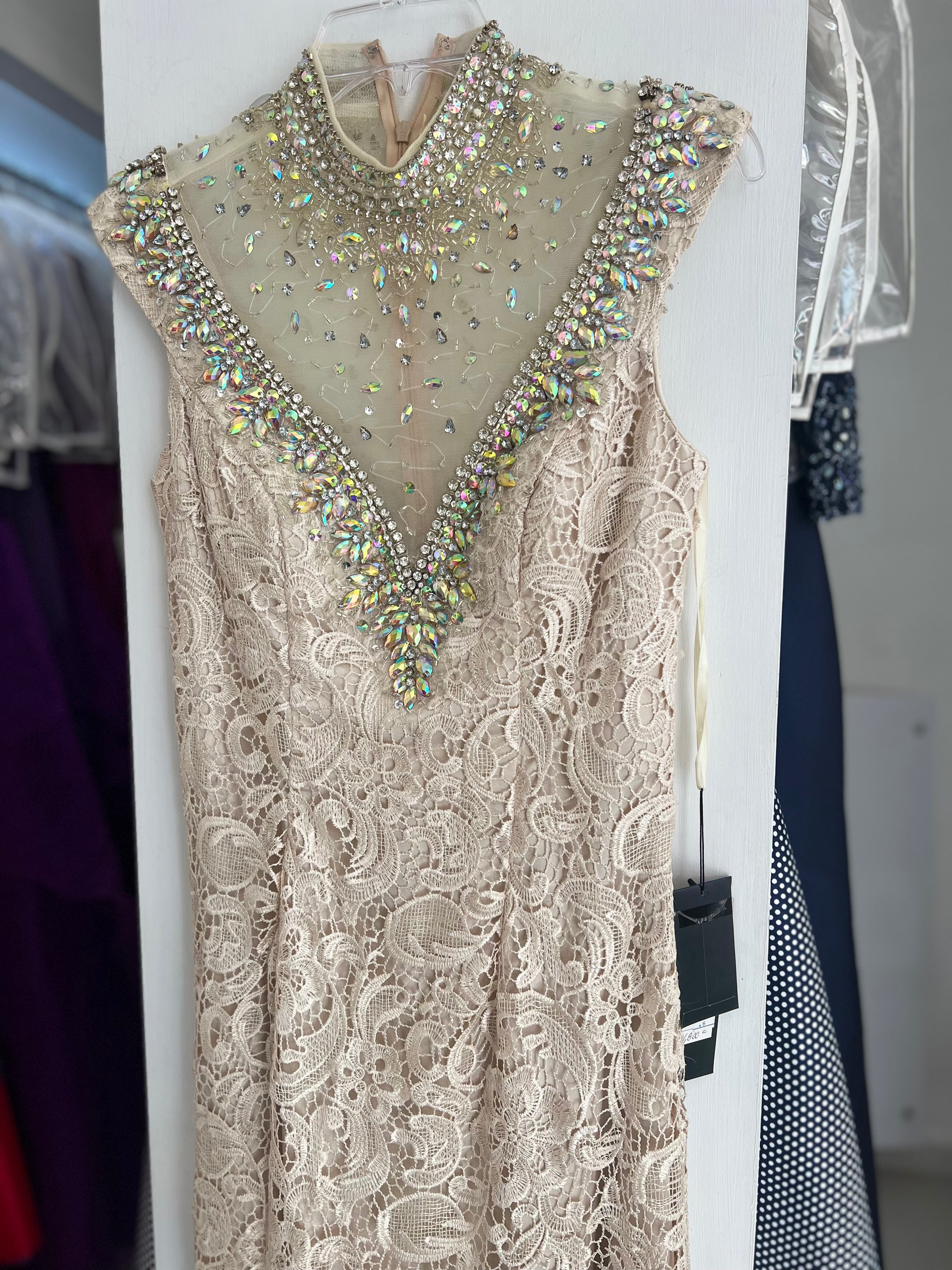 VESTIDO LARGO CHAMPAÑA ENCAJE Y PEDRERÍA