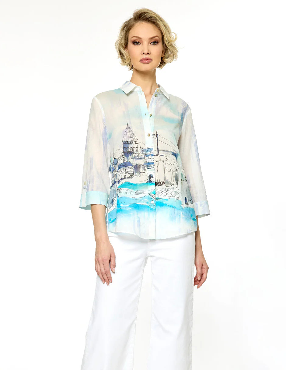 BLUSA CAMISERA AZUL ESTAMPADA 126879