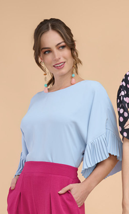 BLUSA CELESTE MANGA PLISADA 9704