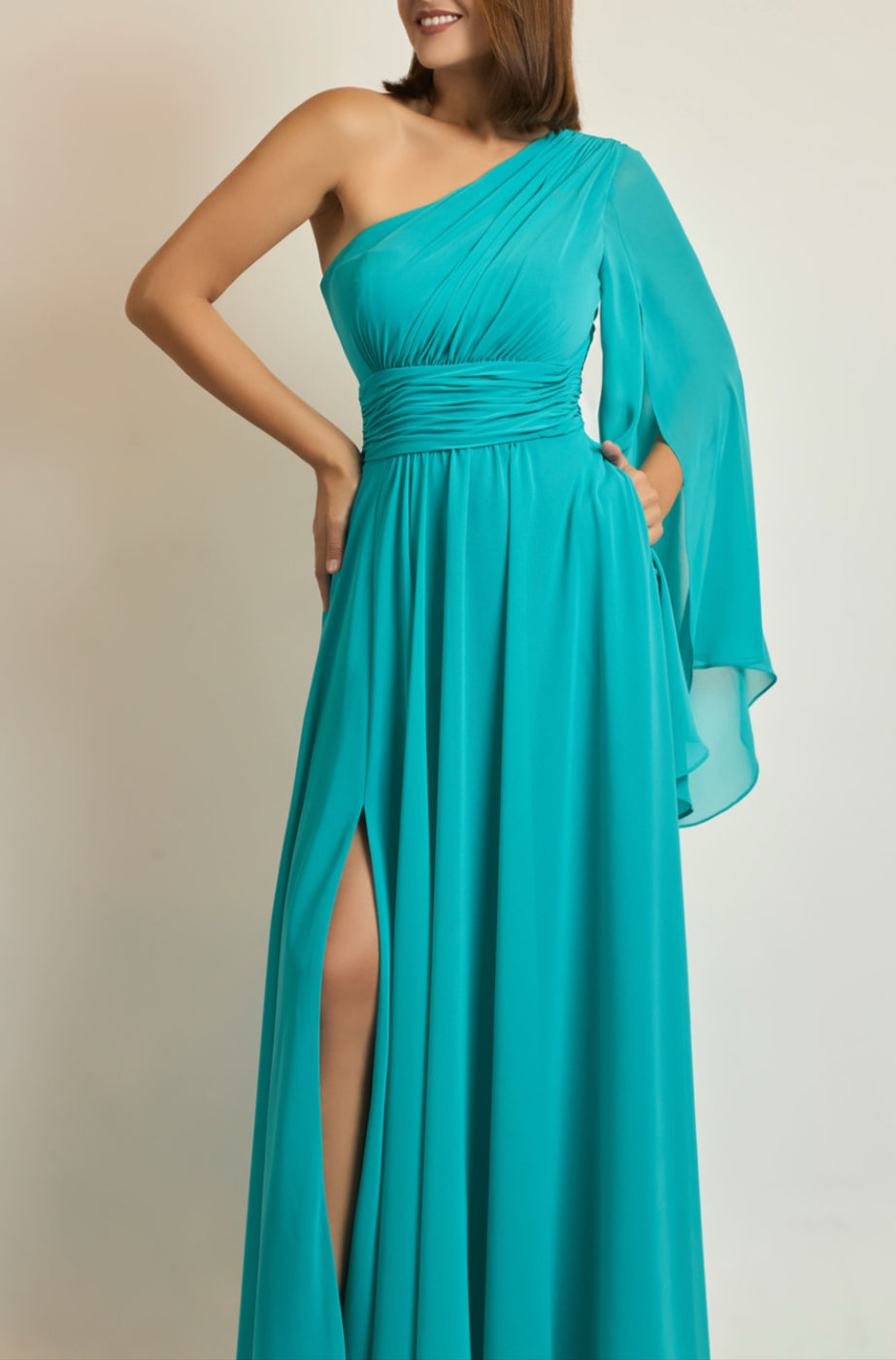 VESTIDO LARGO AQUA/CORAL/AZUL UN HOMBRO 57171