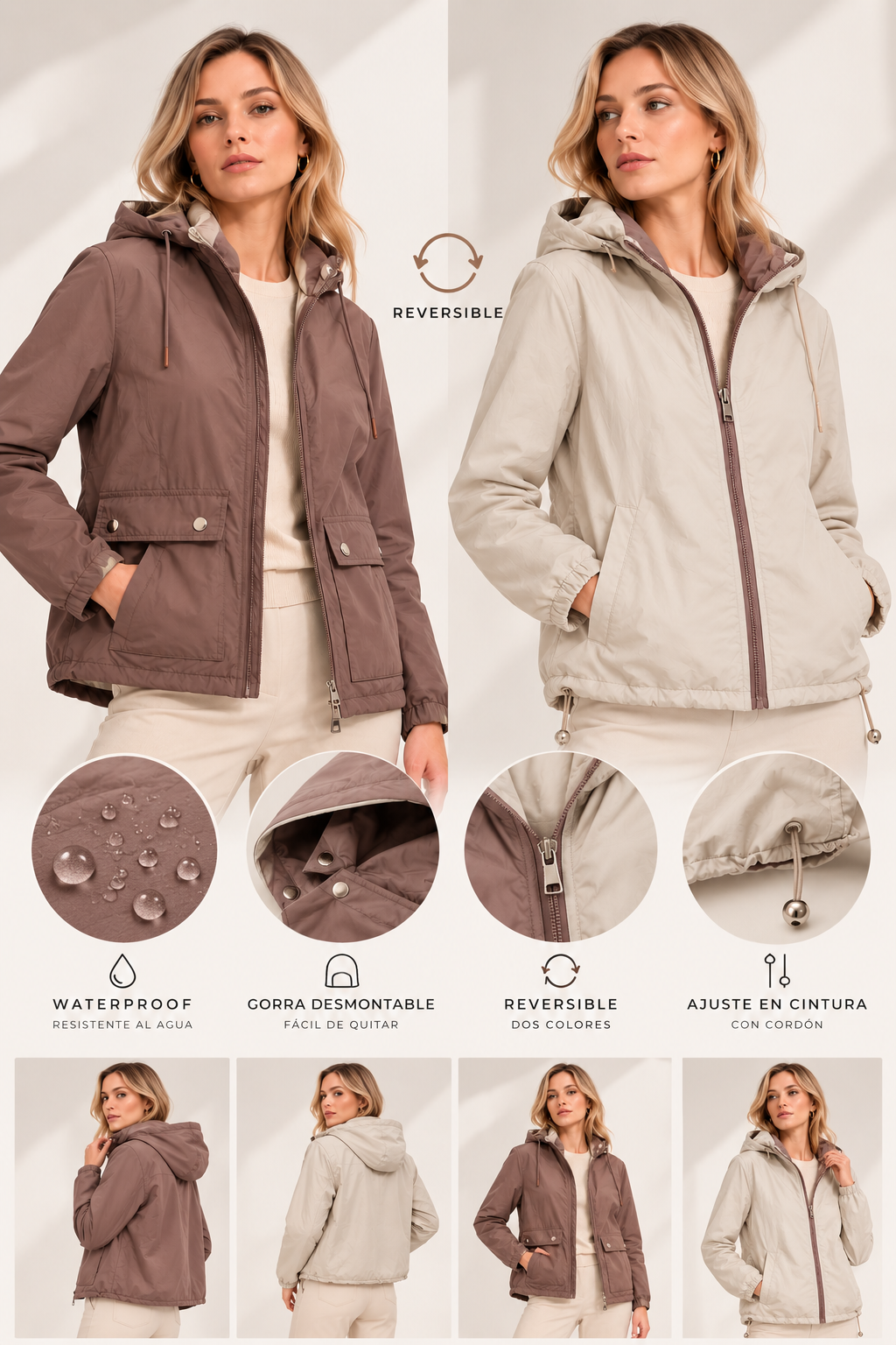 CHAQUETA GABARDINA REVERSIBLE ROSA/CAFE LJ25206