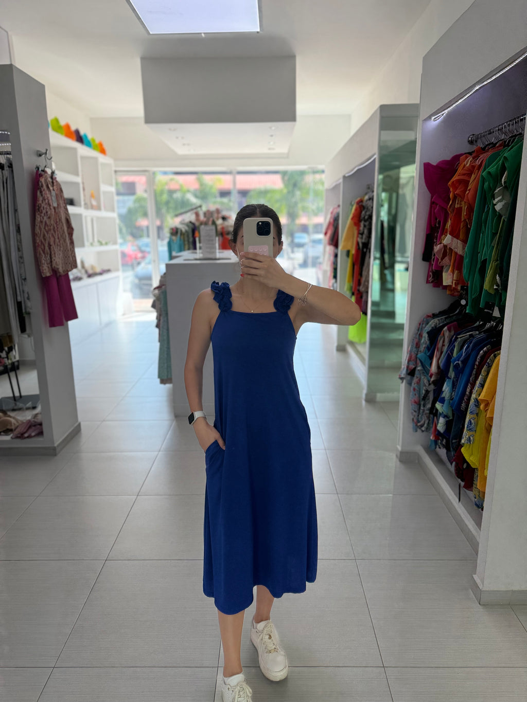 VESTIDO MIDI AZUL/ROSA DETALLE EN TIRANTES 124612