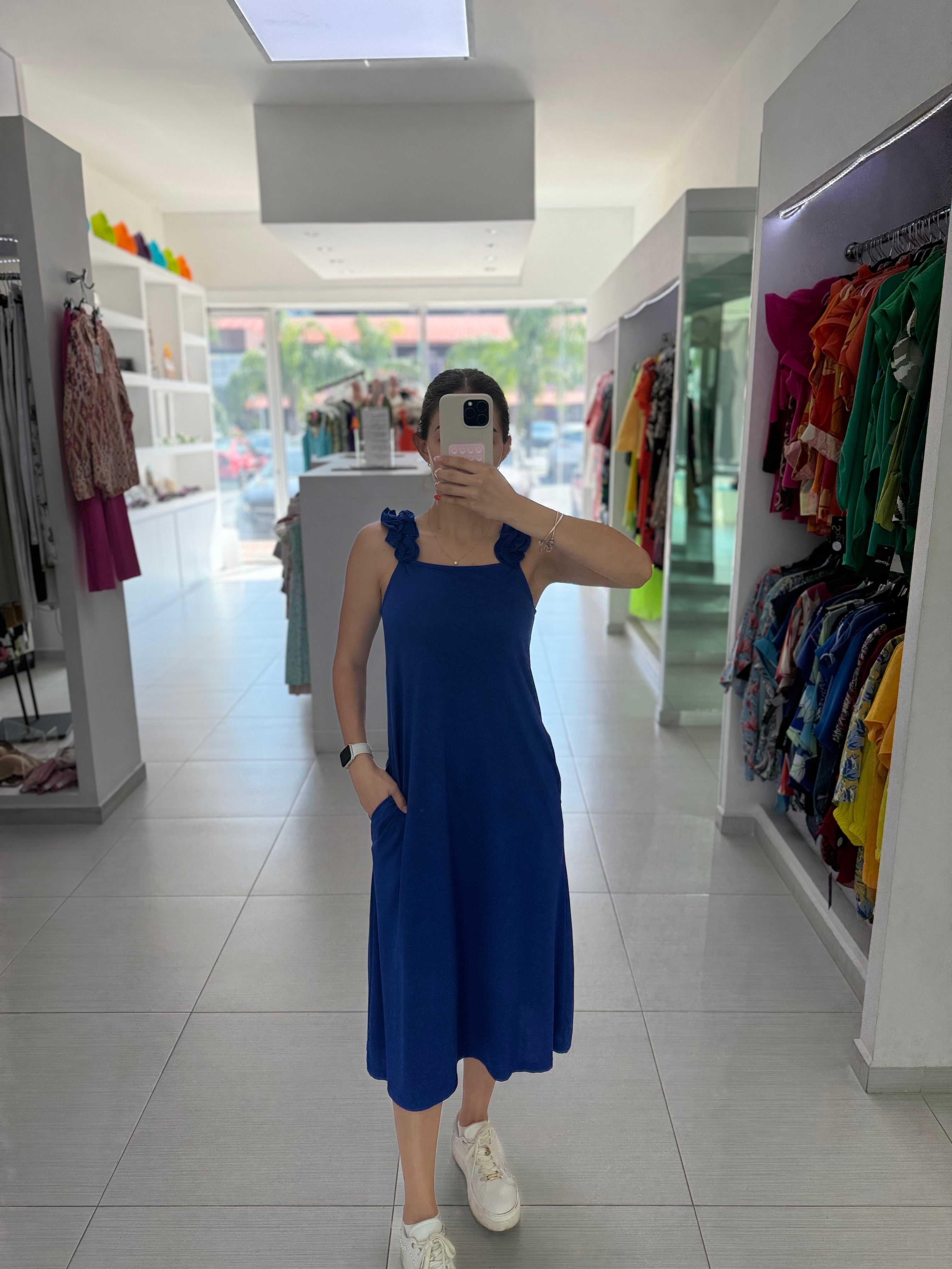 VESTIDO MIDI AZUL/ROSA DETALLE EN TIRANTES 124612