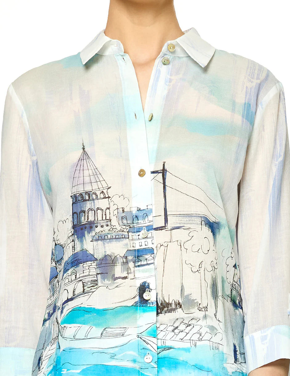 BLUSA CAMISERA AZUL ESTAMPADA 126879