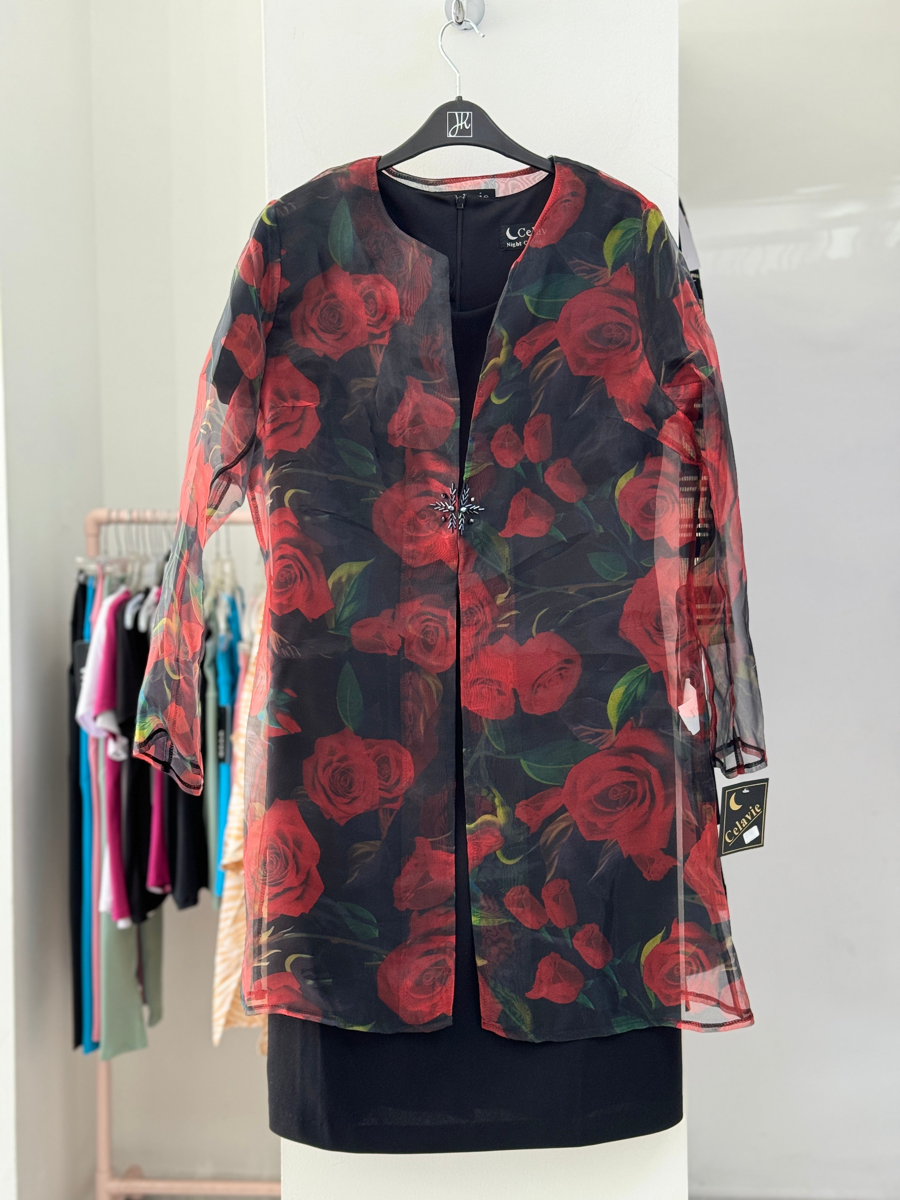 VESTIDO CORTO NEGRO C/SACO FLOR ROJA 6205
