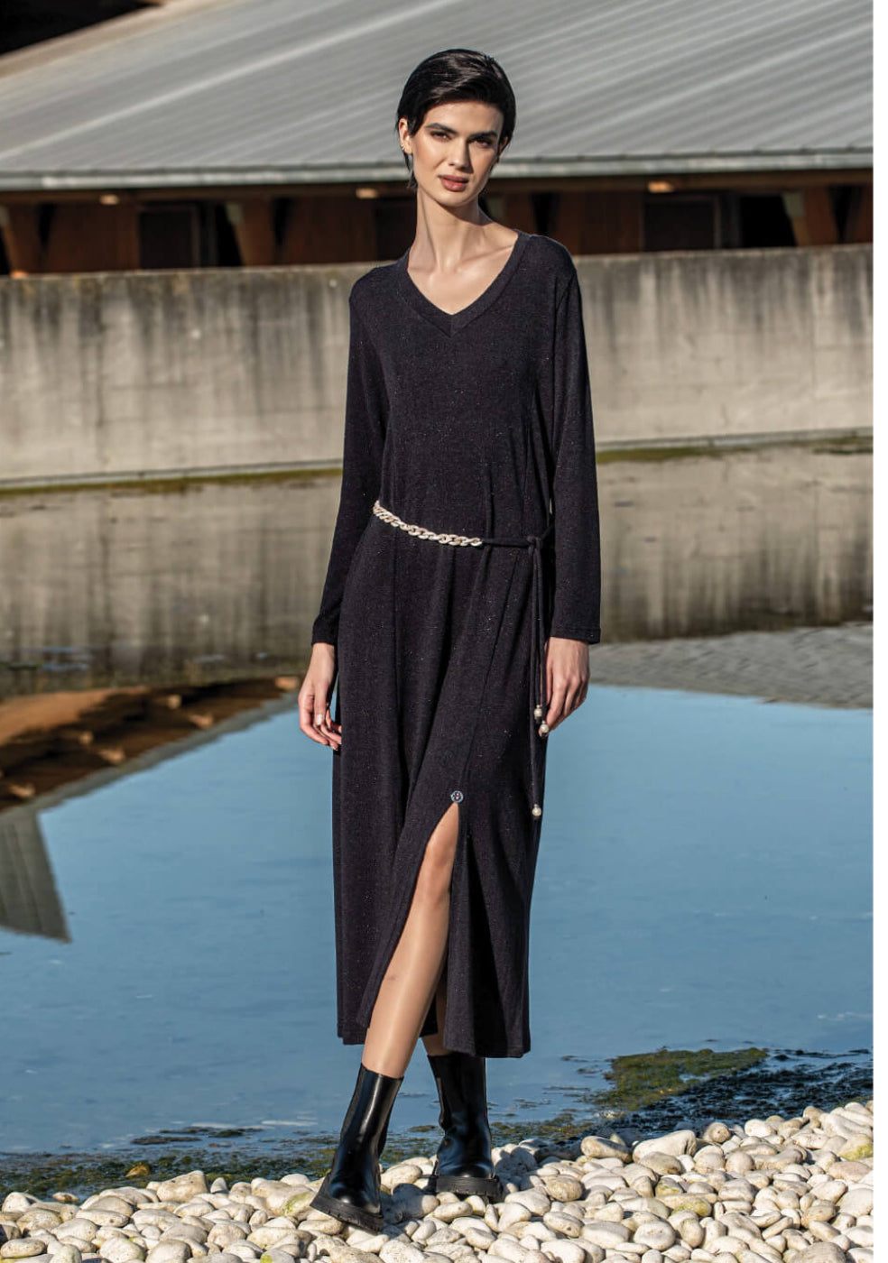 VESTIDO MIDI BEIGE/GRIS/NEGRO 05467