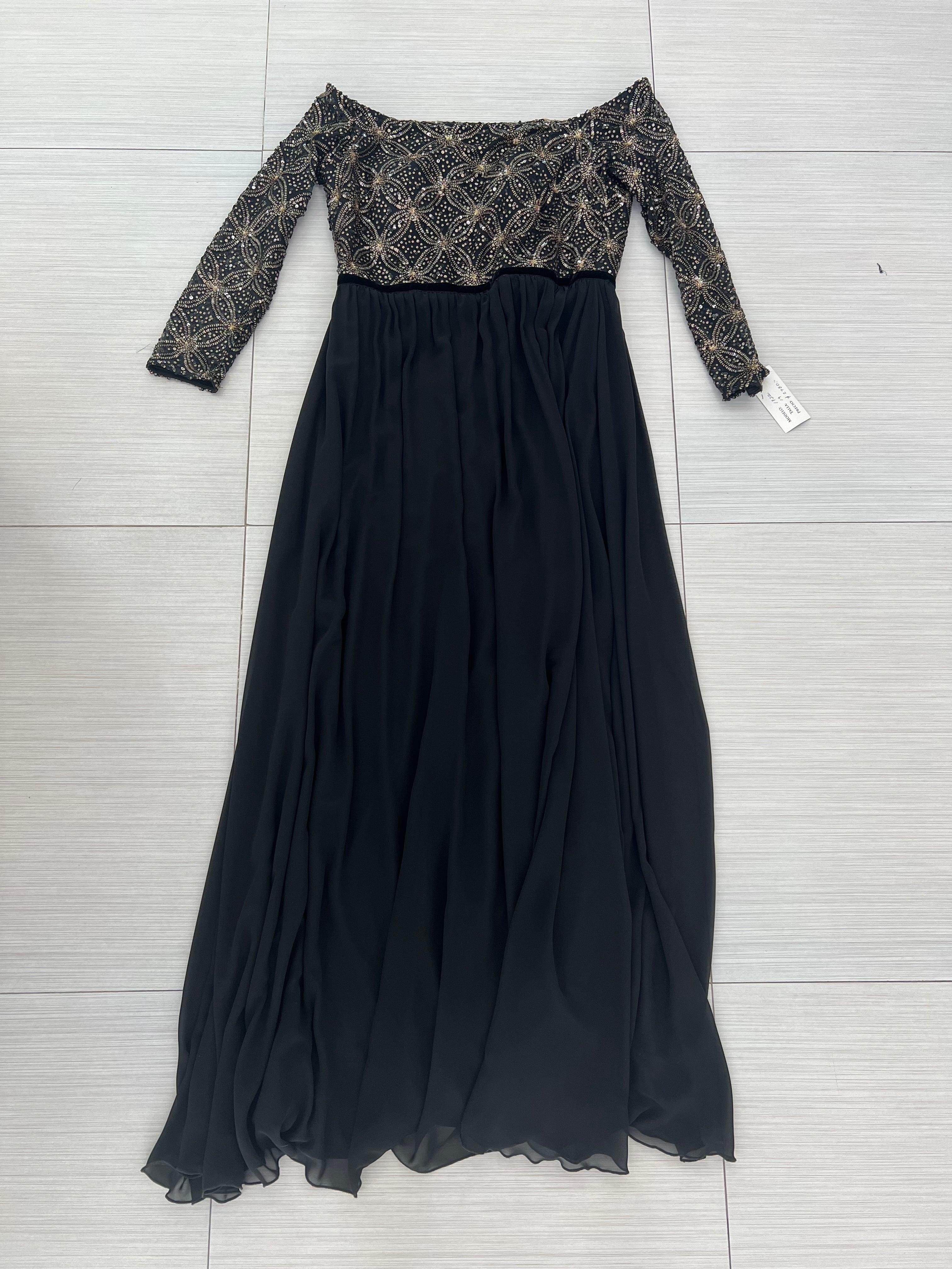 VESTIDO LARGO NEGRO CON DORADO