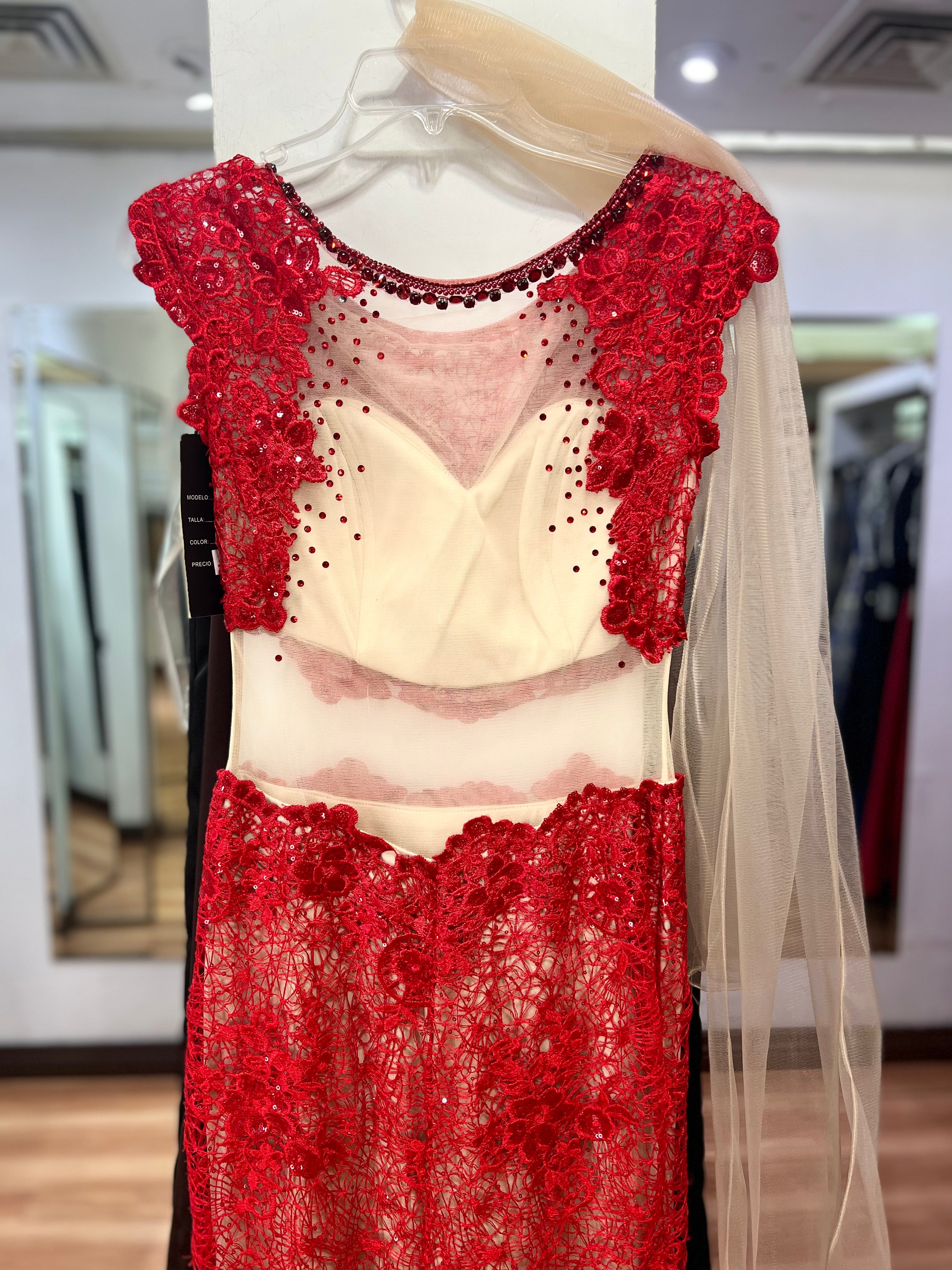 VESTIDO LARGO ROJO ENCAJE