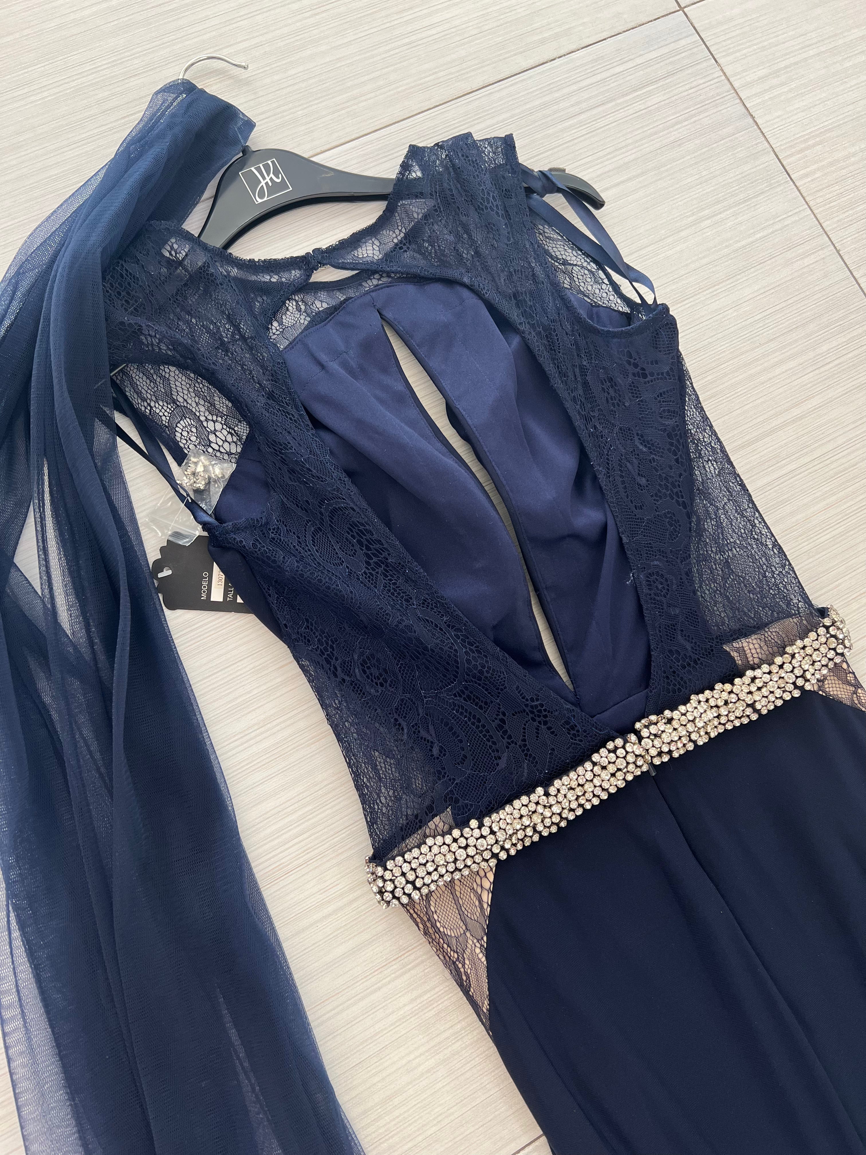 VESTIDO LARGO AZUL MARINO ESCOTADO