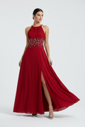 VESTIDO LARGO ROJO CON PEDRERÍA