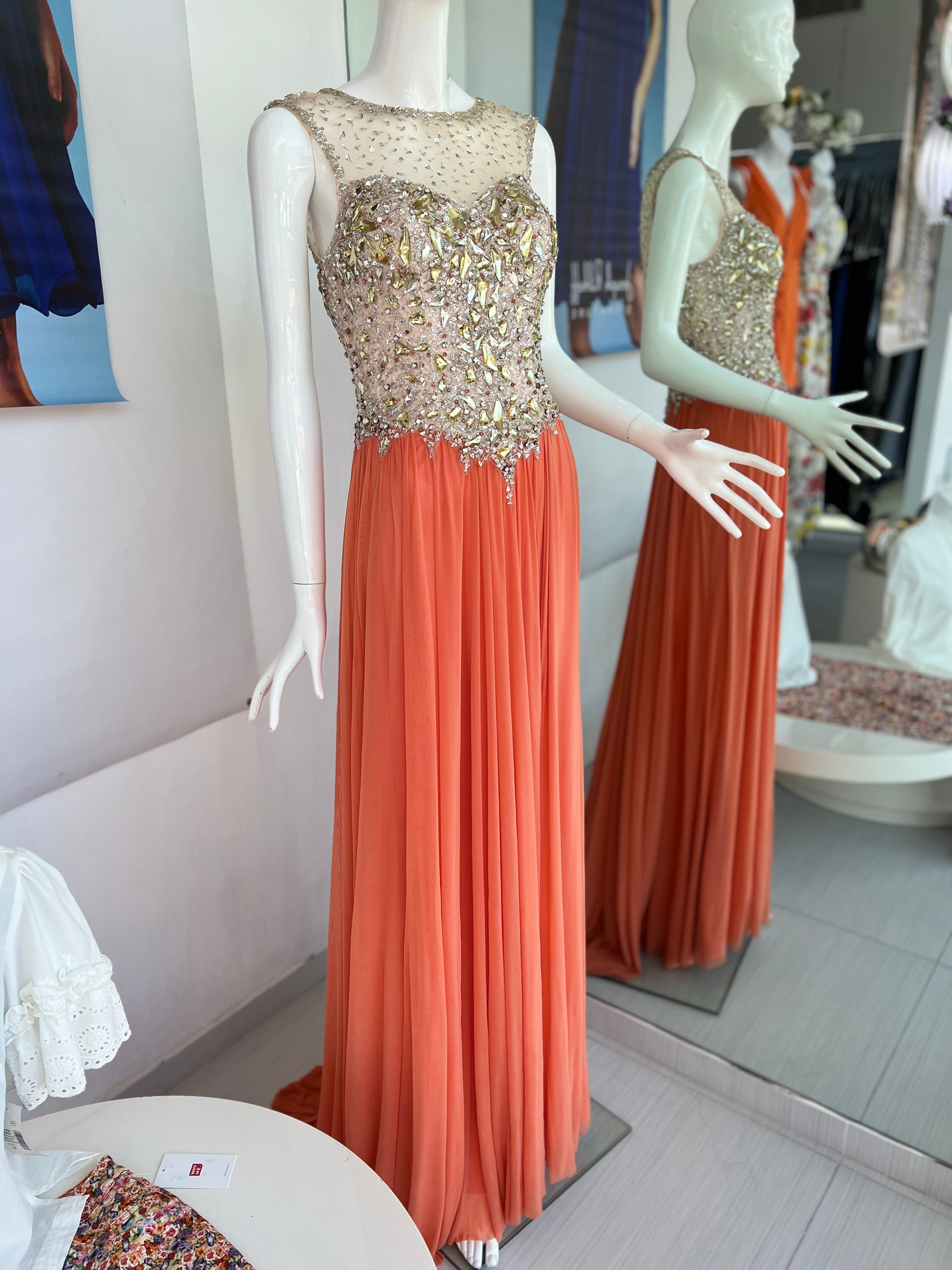 VESTIDO LARGO NARANJA PEDRERÍA