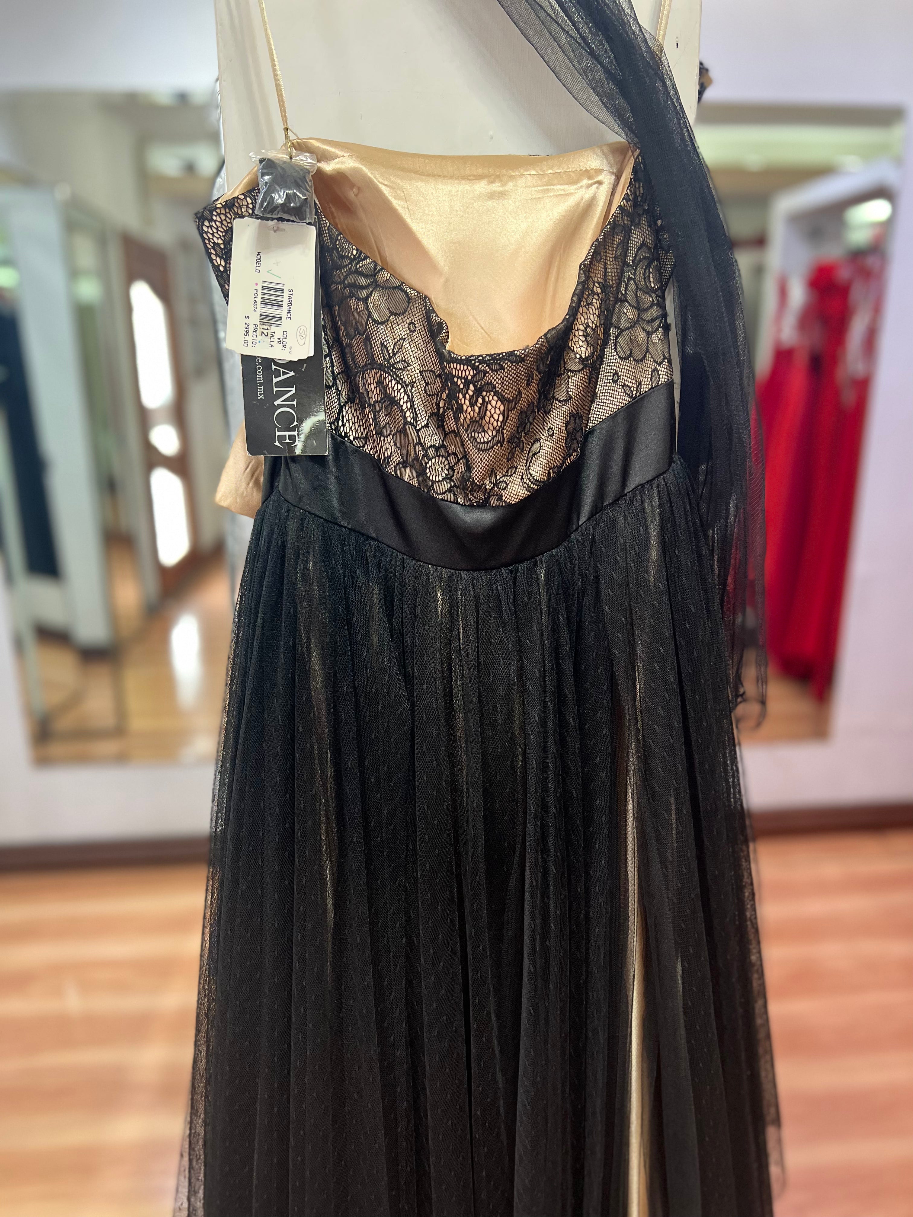 VESTIDO LARGO NEGRO ENCAJE BEIGE