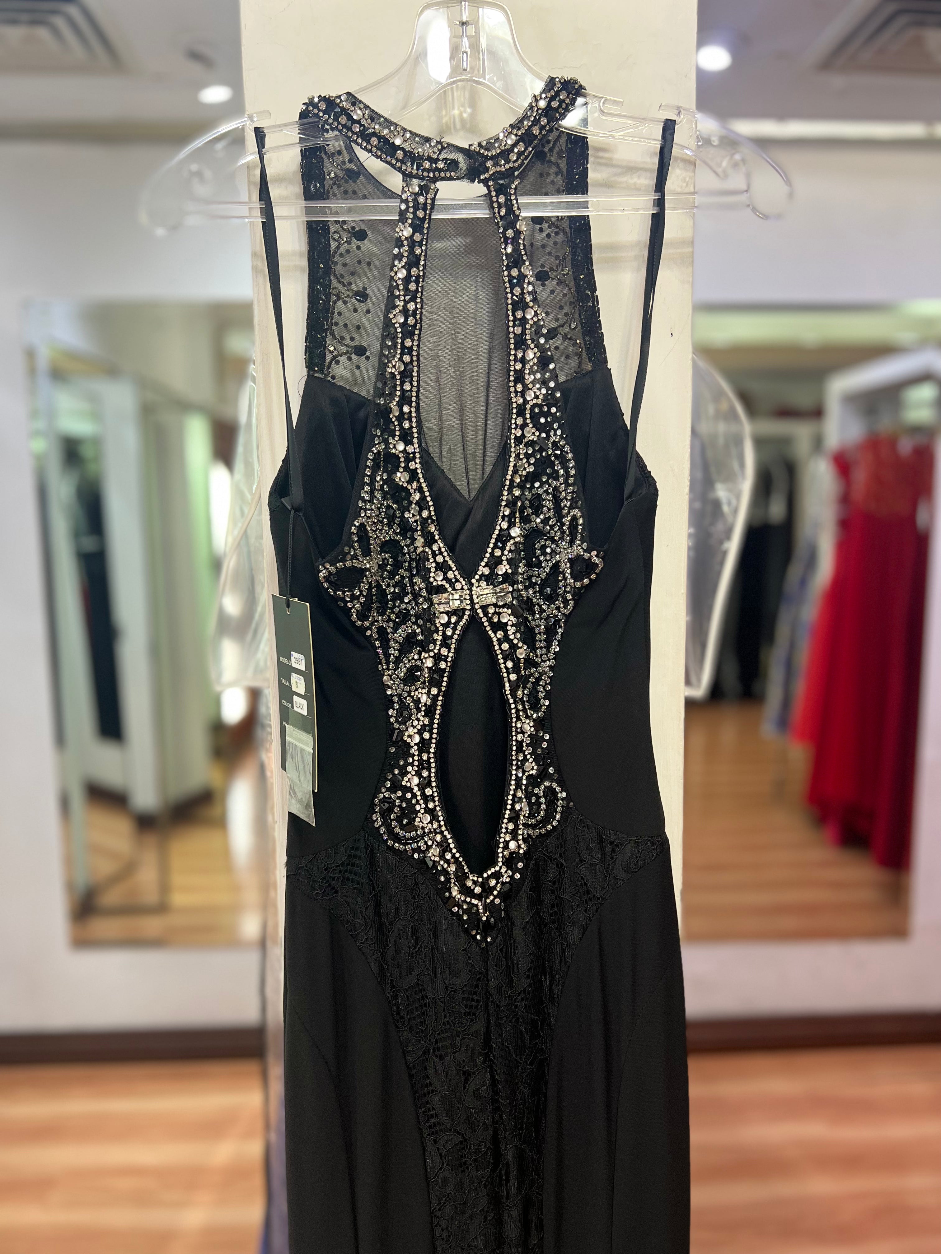 VESTIDO LARGO NEGRO ENCAJE Y BORDADO