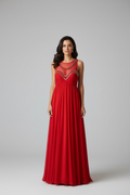 VESTIDO LARGO ROJO PEDRERIA DORADA