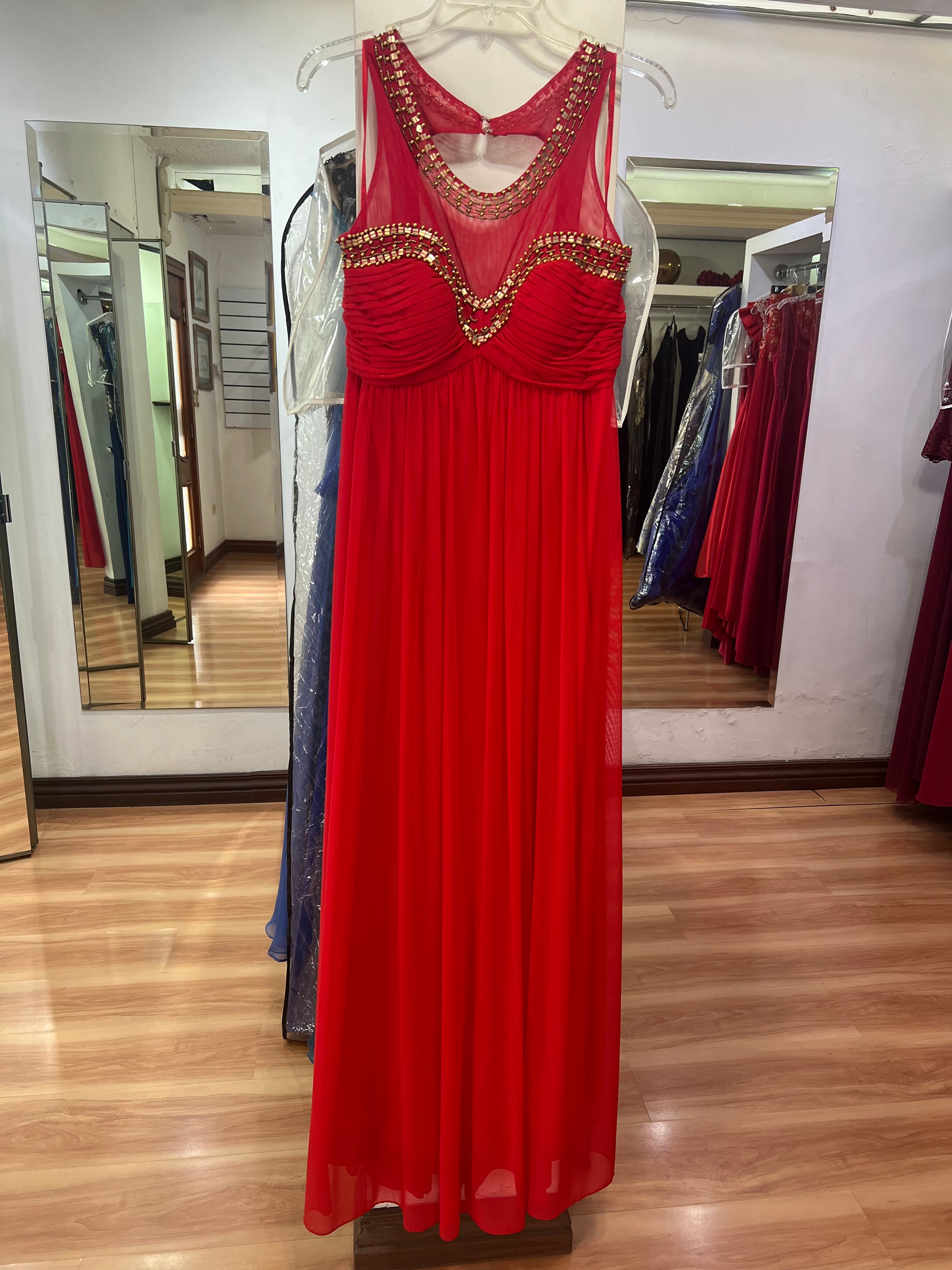 VESTIDO LARGO ROJO PEDRERIA DORADA