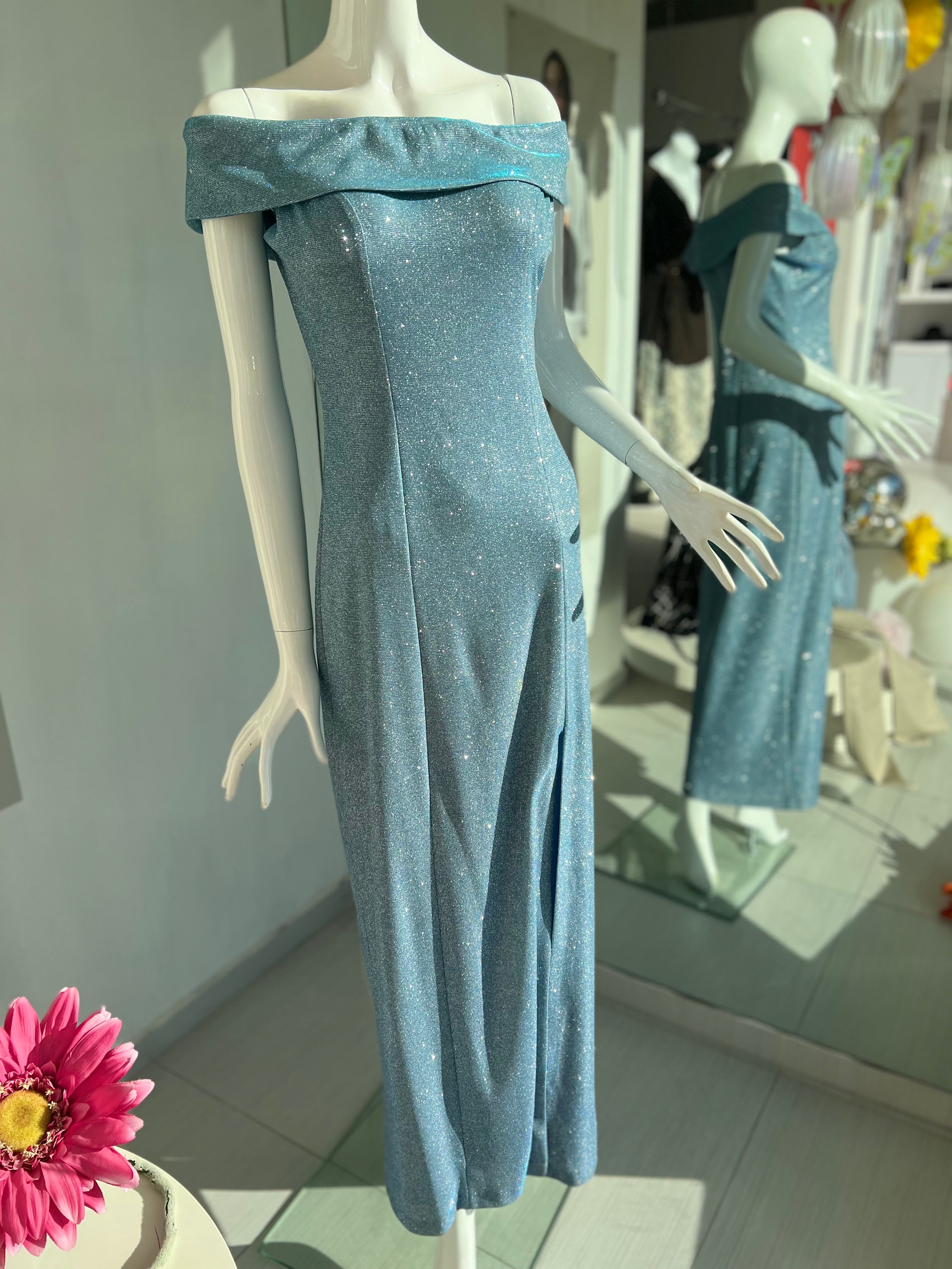 VESTIDO LARGO AZUL BRILLOS