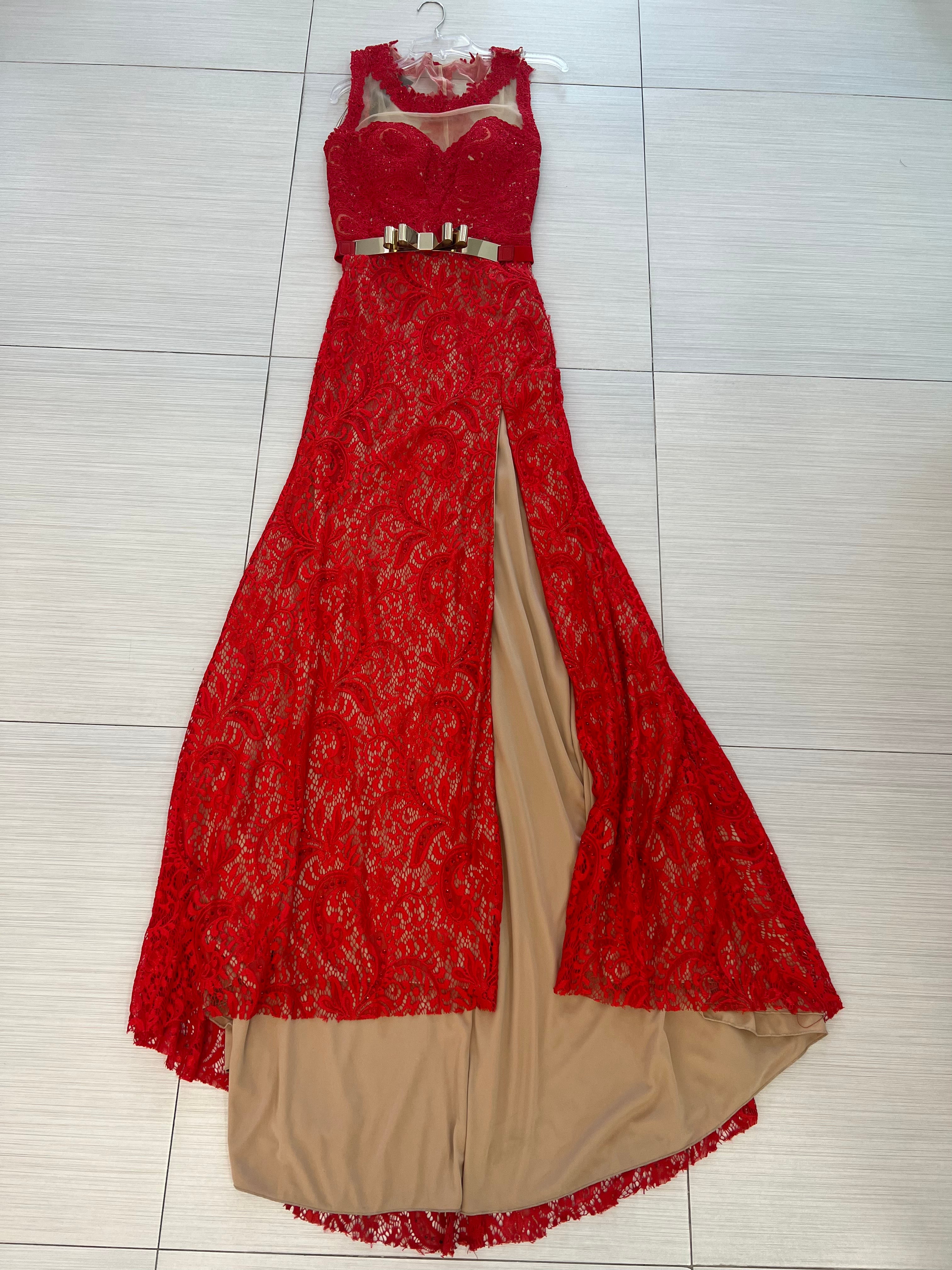 VESTIDO LARGO ROJO ENCAJE