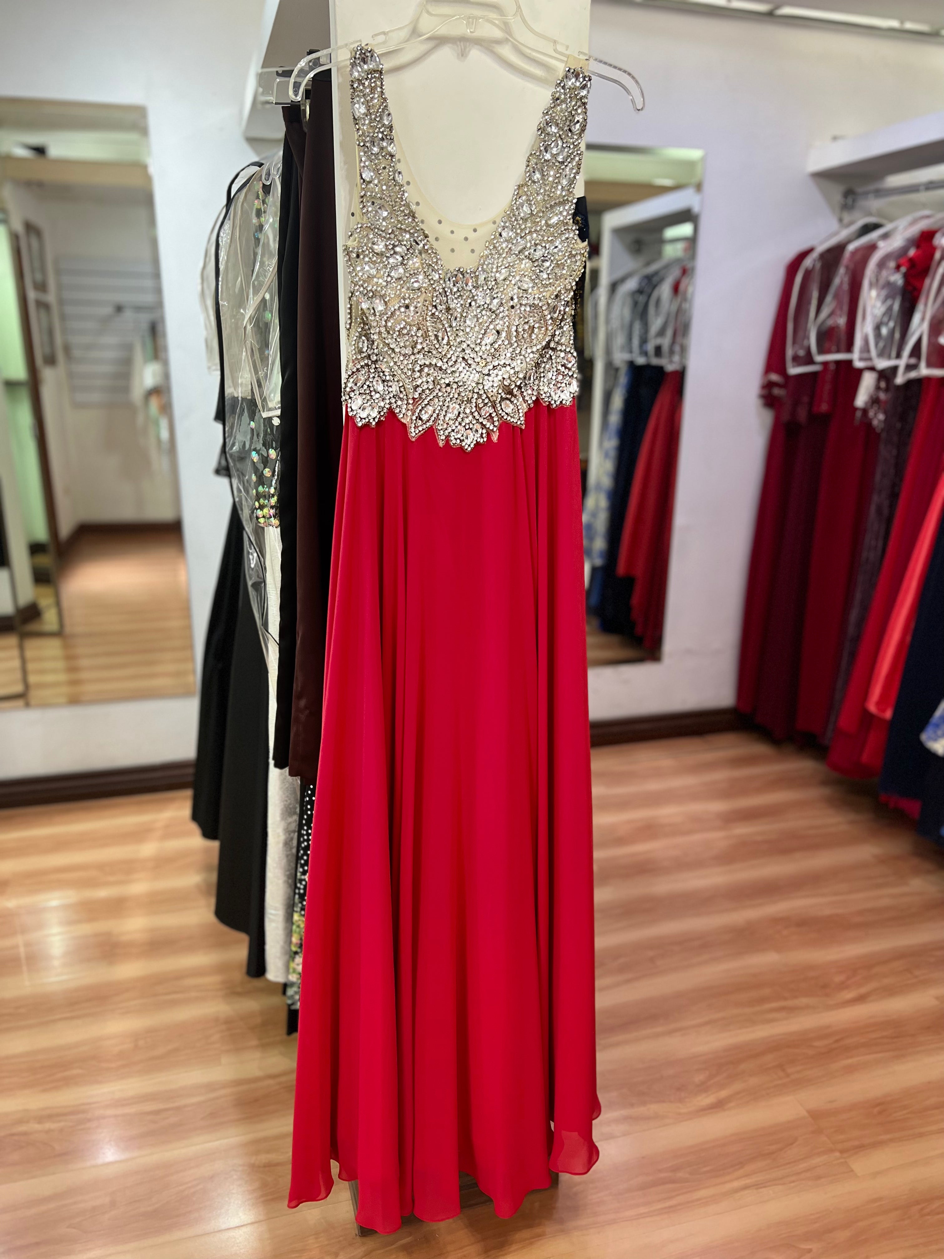 VESTIDO LARGO ROJO BORDADO
