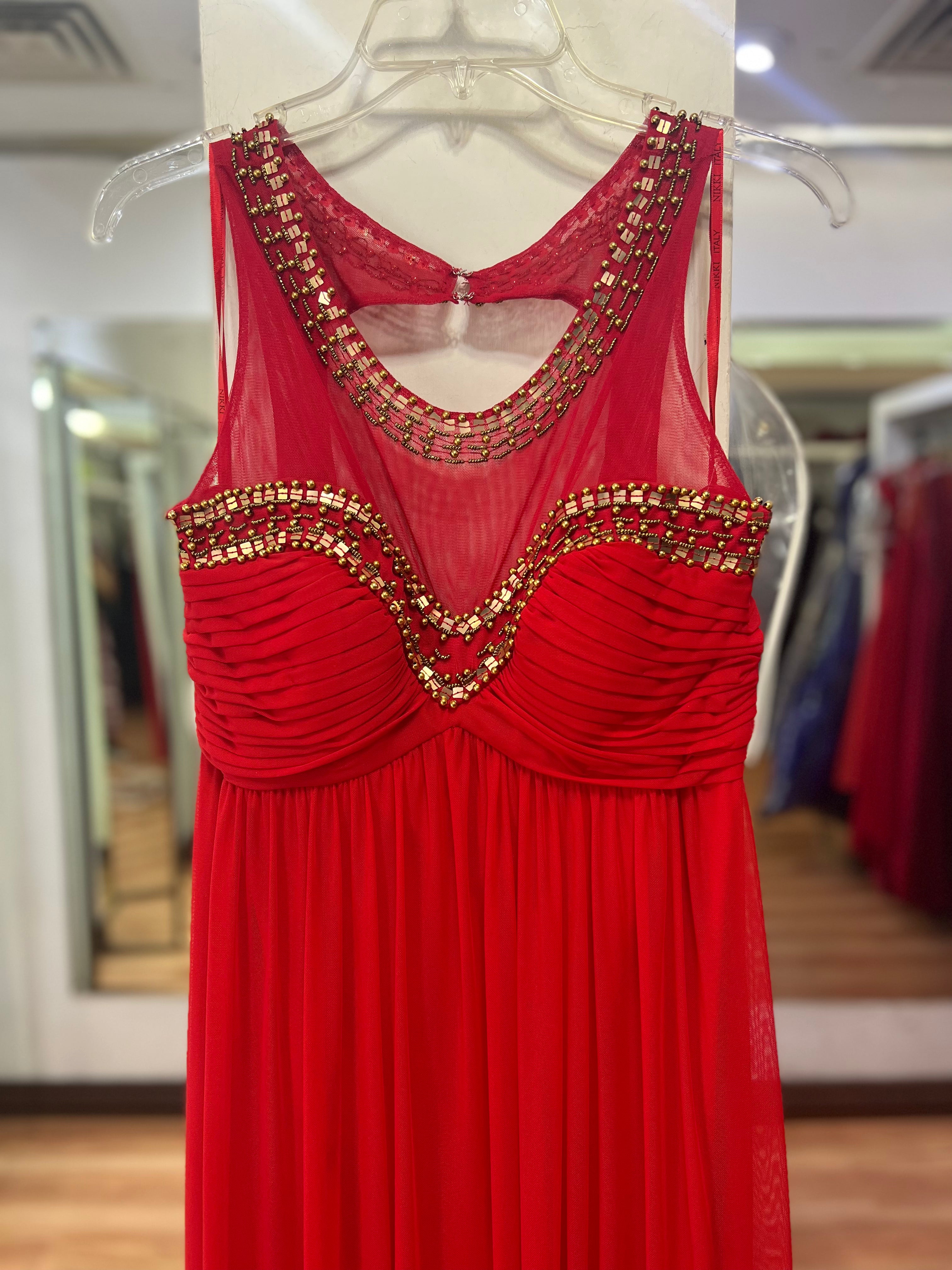 VESTIDO LARGO ROJO PEDRERIA DORADA