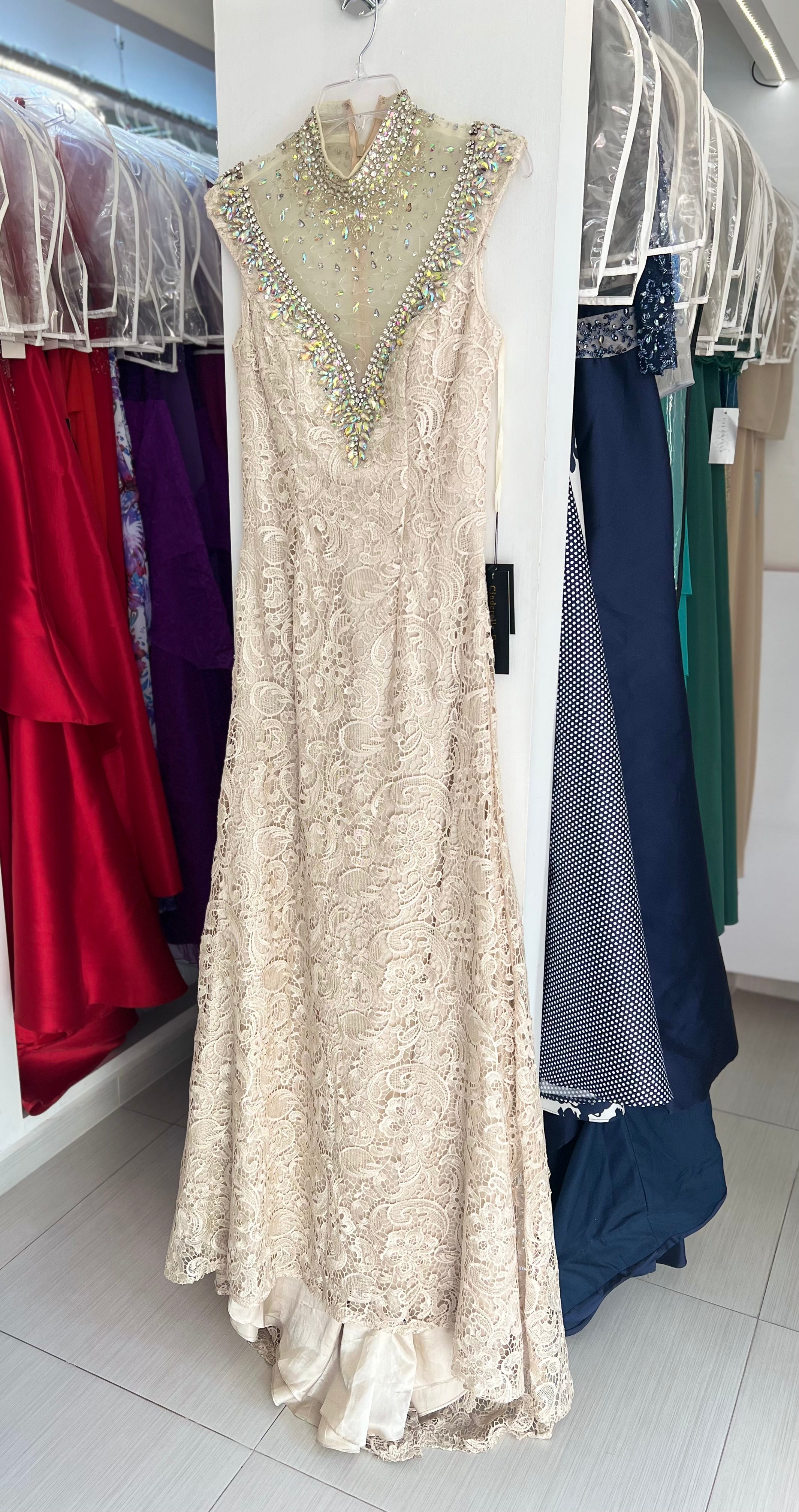 VESTIDO LARGO CHAMPAÑA ENCAJE Y PEDRERÍA