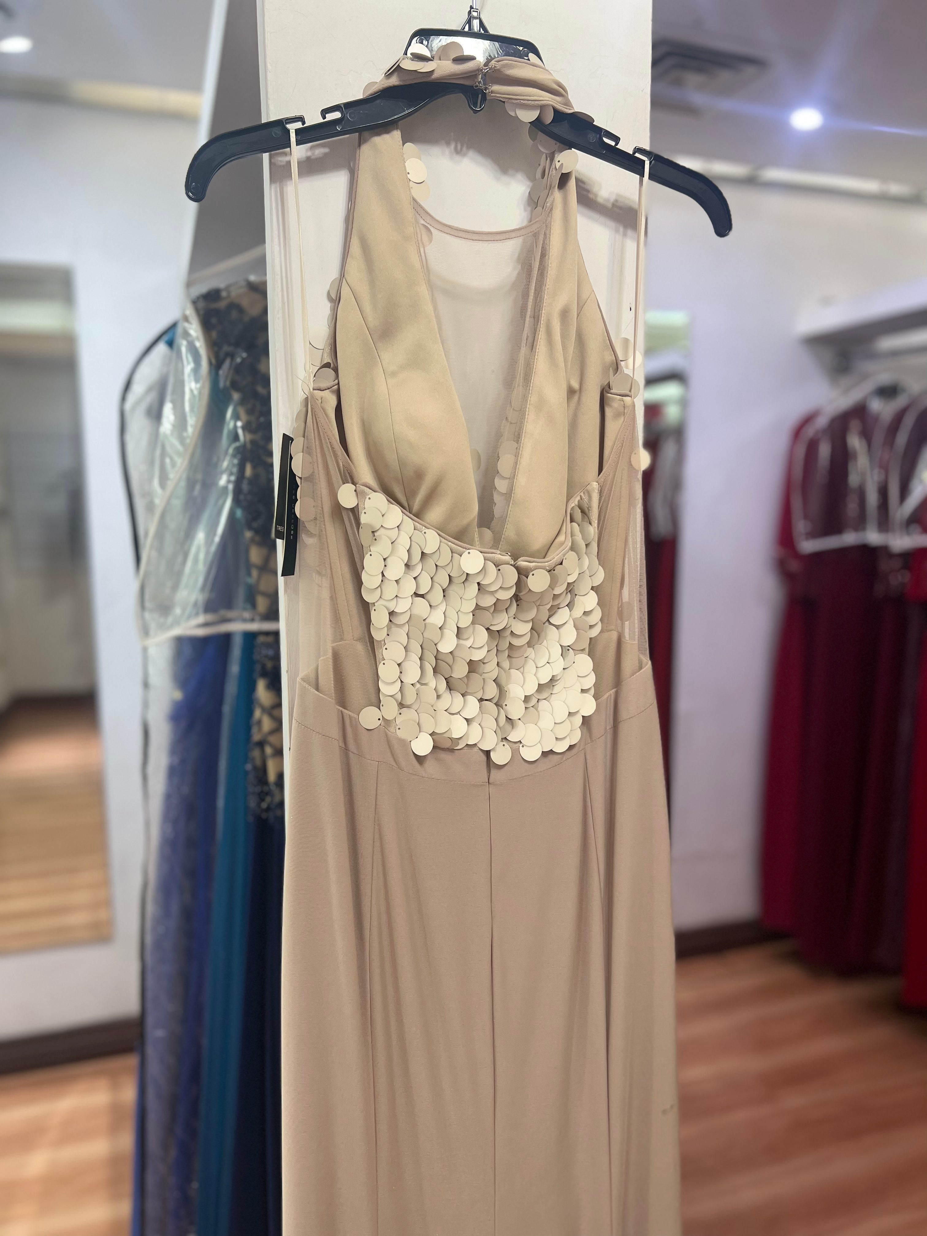 VESTIDO LARGO BEIGE LENTEJUELAS