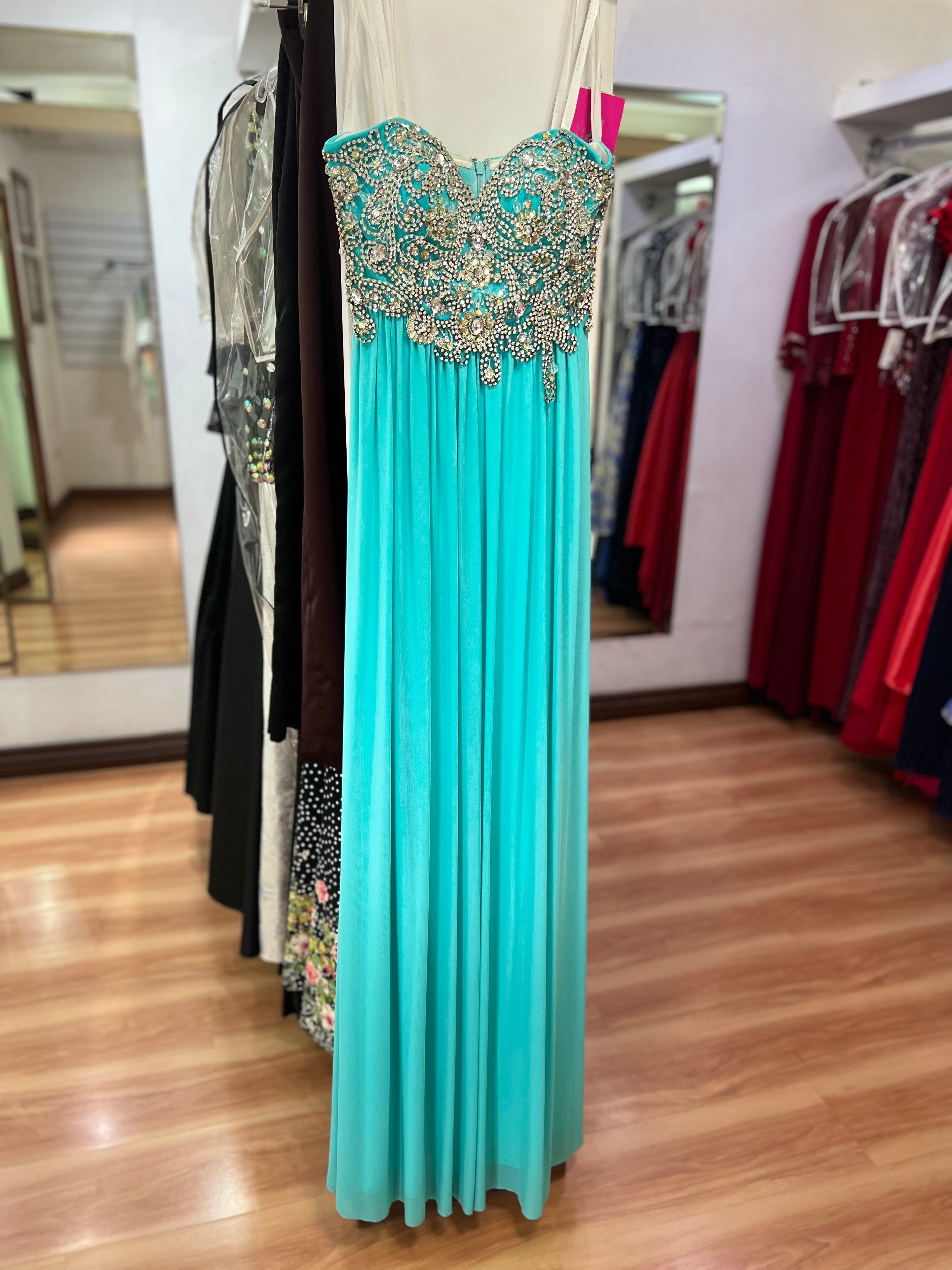 VESTIDO LARGO AZUL BORDADO