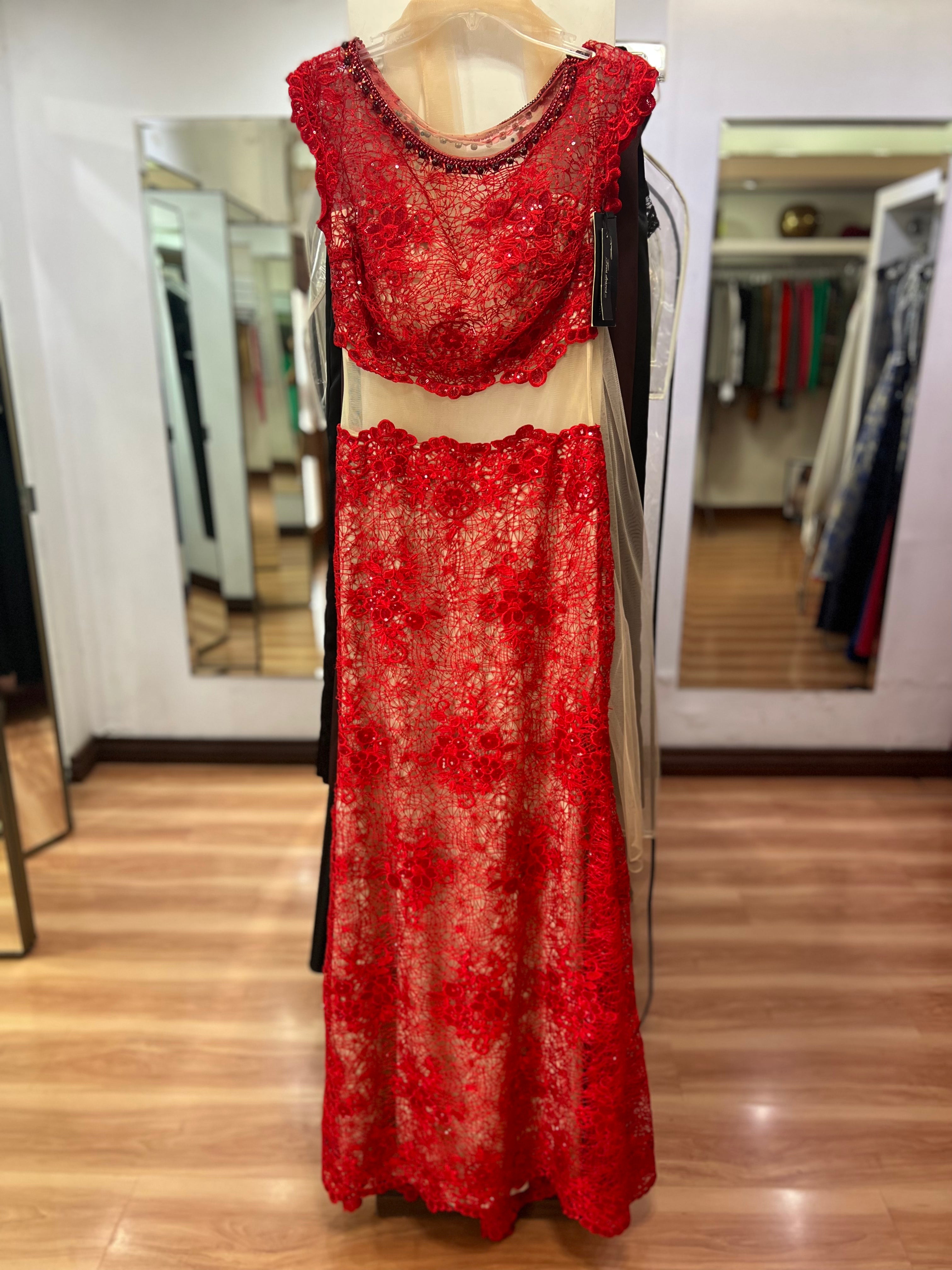 VESTIDO LARGO ROJO ENCAJE
