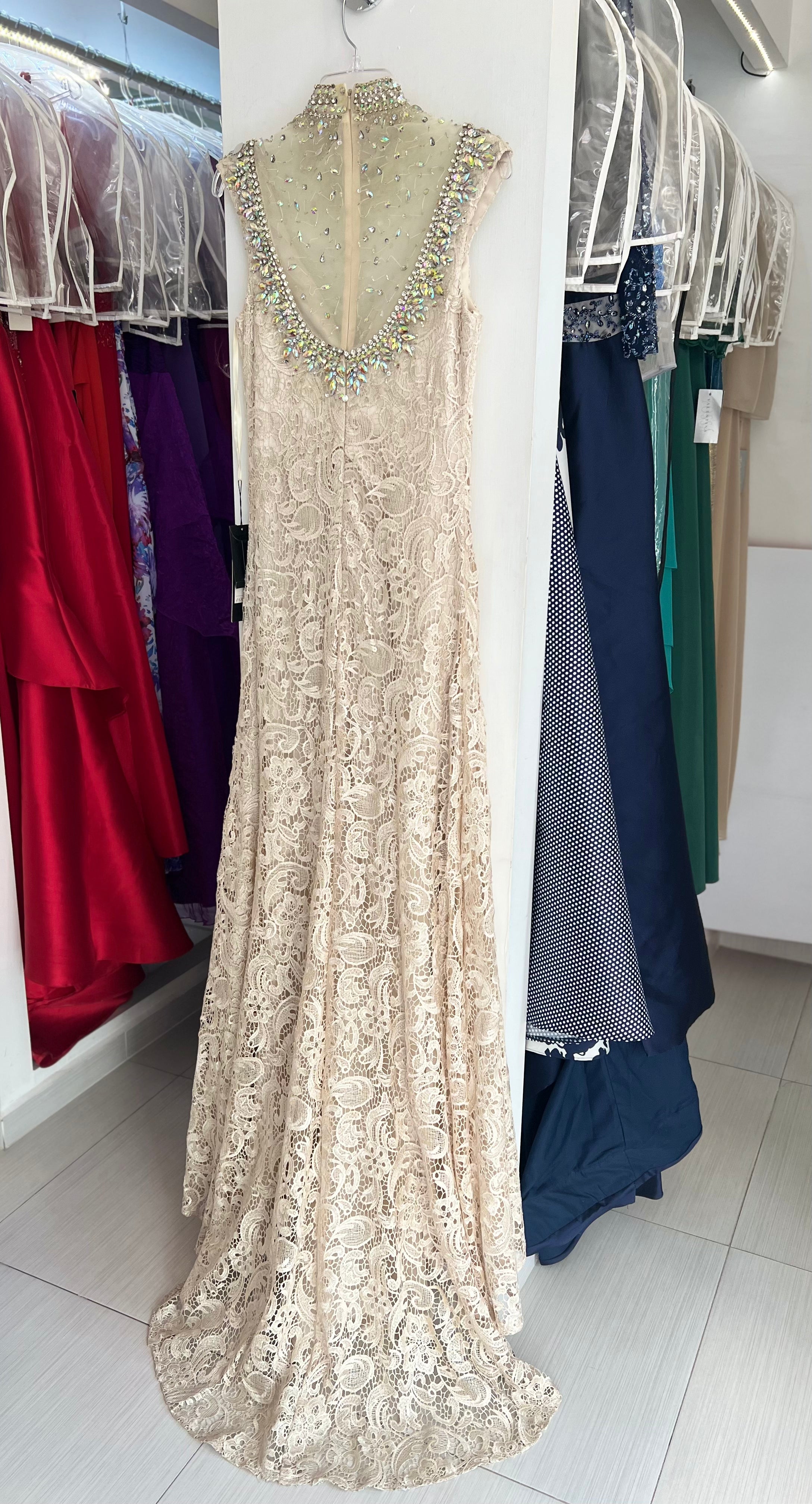 VESTIDO LARGO CHAMPAÑA ENCAJE Y PEDRERÍA