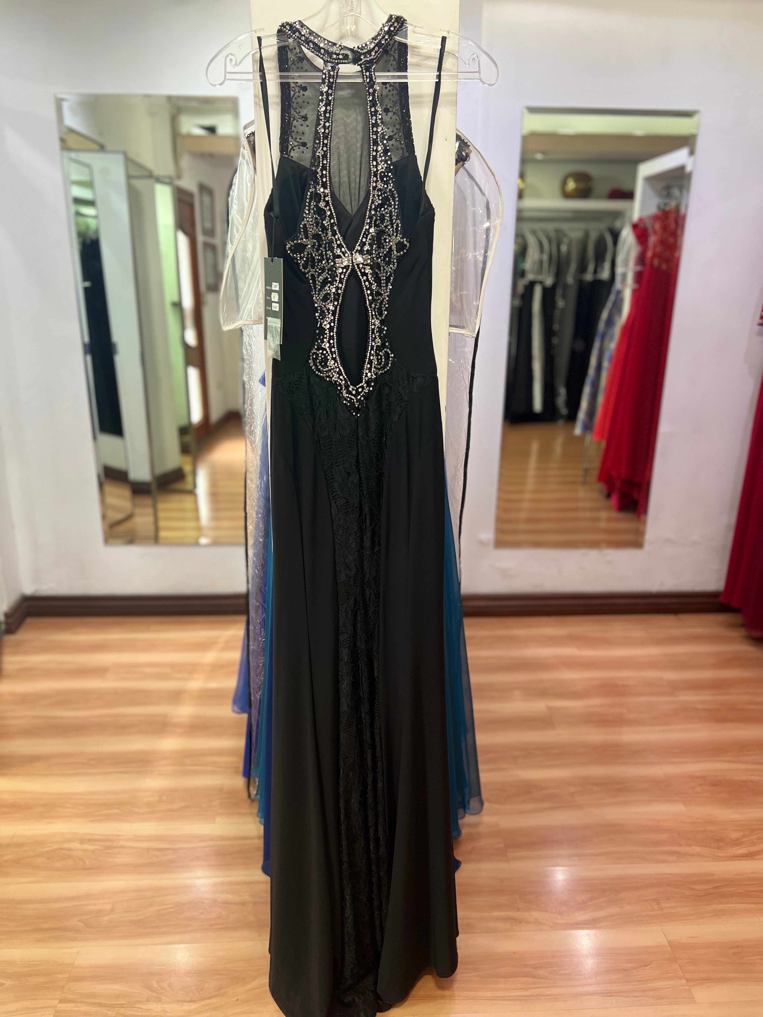 VESTIDO LARGO NEGRO ENCAJE Y BORDADO
