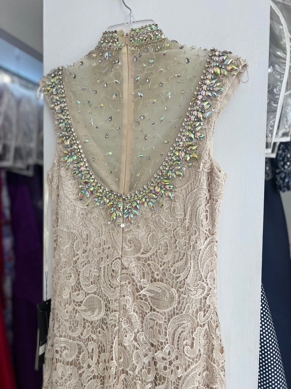 VESTIDO LARGO CHAMPAÑA ENCAJE Y PEDRERÍA