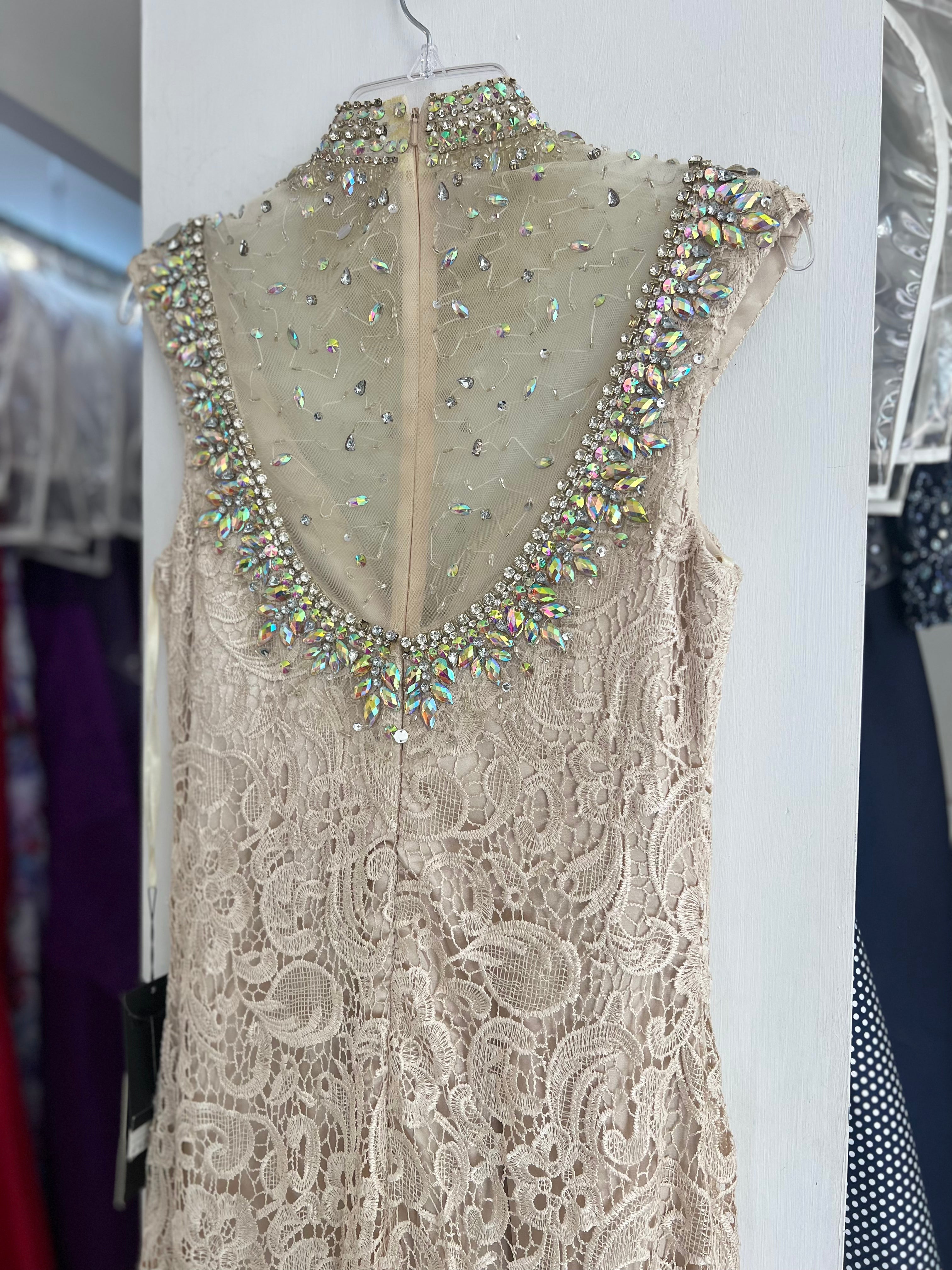 VESTIDO LARGO CHAMPAÑA ENCAJE Y PEDRERÍA