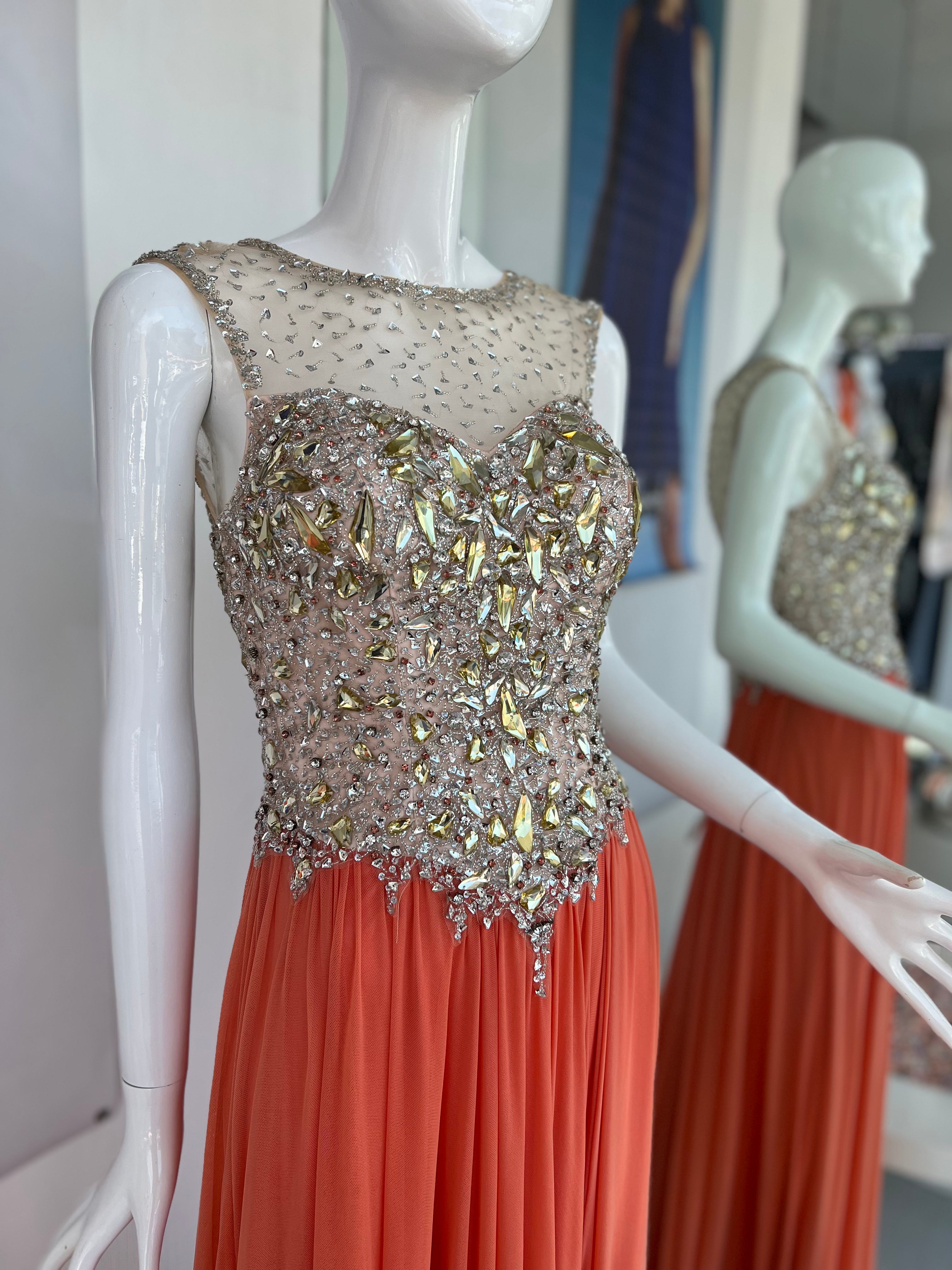 VESTIDO LARGO NARANJA PEDRERÍA